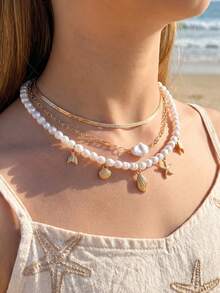 3piezas/Set Collar con Colgante de Estrellas de Mar, Conchas y Peces Estilo Bohemio Oceánico, Accesorio Diario para Adolescentes en Vacaciones - Multicolor - Ver 2