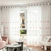 1PC Perforated Lightweight Pink Animal Pattern Embroidered Sheer Curtain, Suitable For Balcony And Window, Sheer Curtain For Matching - Multicolor - View 1