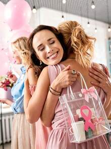 6pcs Breast Cancer Awareness Gift Bags With Pink Ribbon Pins&Bow Pink Ribbon Party Transparent PVC Gift Wrapping Bags With Handle For Breast Cancer Awareness Month Charity Party Favors - Clear - View 7