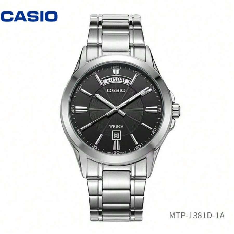 Casio Black Dial 3-Eye Multifunctional Wristwatch, Men's Steel Band Waterproof Quartz Watch, Business Commute Essential - one-size - View 1