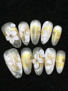 1包/10片靜奢風美甲貼紙，金銀漸層搭配3D陶瓷花設計，經典優雅珍珠芯，婚禮與晚宴必備手工穿戴甲 - 黃色 - 查看 10