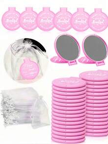 12pcs/6pcs/2pcs Pink Inspirational Compact Mirror Set - Round Makeup Mirror With White Pouch, Women's Small Gift, Graduation, Mother's Day, Party Favor, Pink Small Portable Folding Pocket Mirror, Suitable For Women, Party Gift, Women's Birthday, Bridal Gift, Cheerleader Gift Bag And Other Occasions - Multicolor - View 1