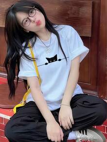 新款夏季 Y2K 女款貓咪印花圖案百搭休閒圓領短袖 T 恤 白色 - 白色 - 查看 5