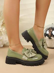 Plus Size Women's Green Thick Sole Chunky Heel Loafers With Large Bow Decor, Round Toe Low-Top Sweet Cool Academy Style Spring Autumn Shoes - Dark Green Bow - View 5