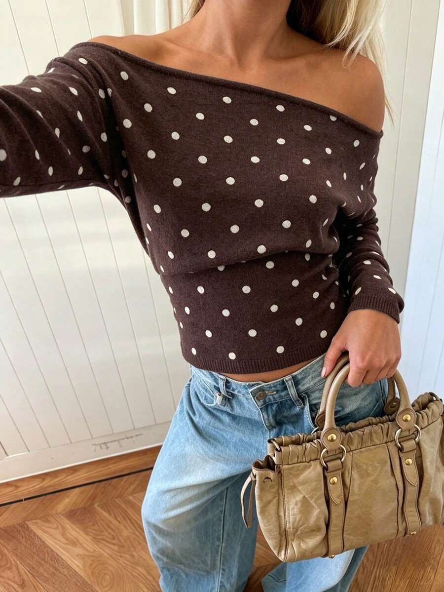Women's Knit Off-The-Shoulder Brown Polka-Dot Long-Sleeve Elegant Pullover, Perfect For Fall Outfits - Brown - View 1