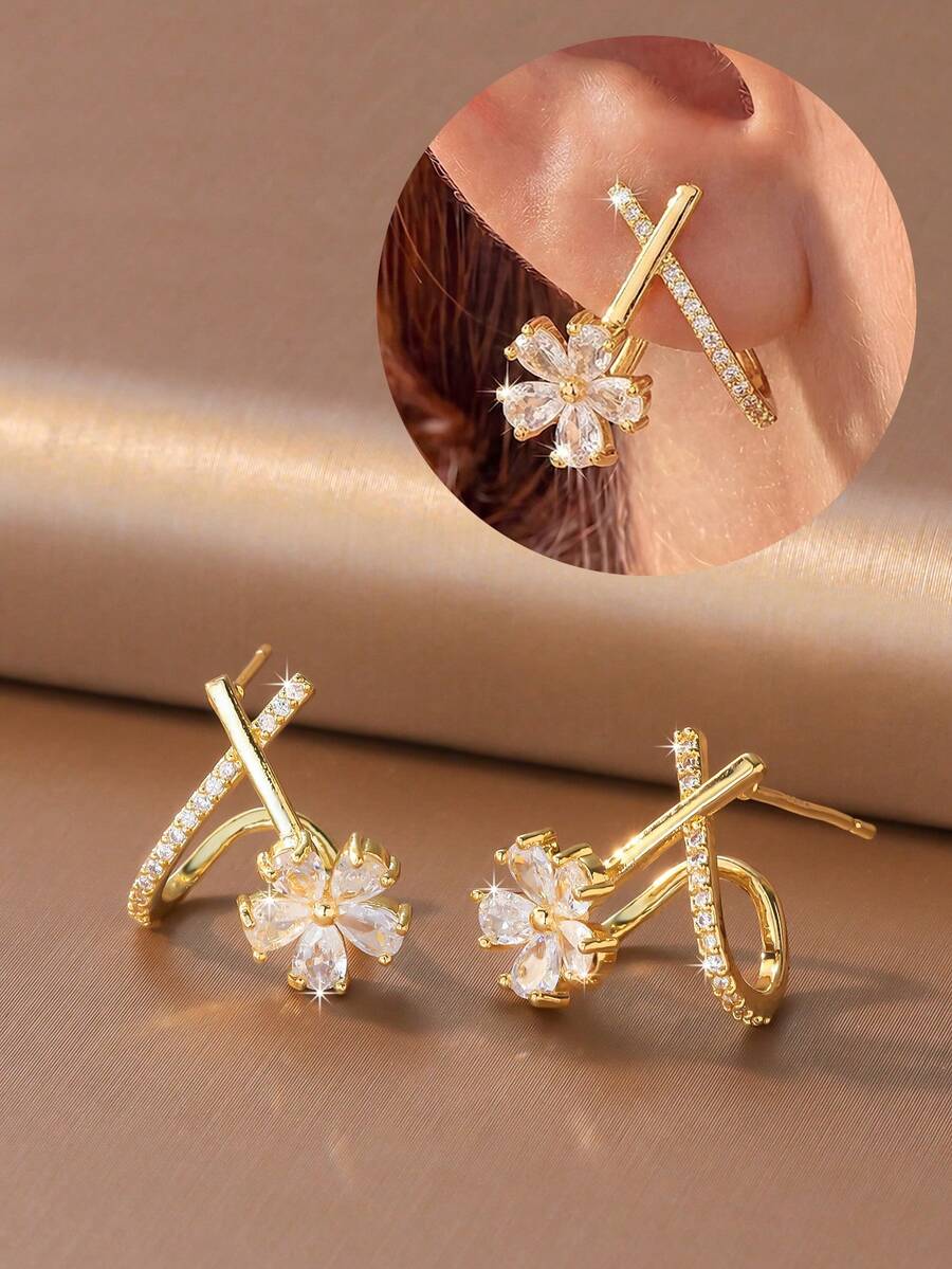 1 Pair Exquisite Flower Cross Rhinestone Stud Earrings, High ...