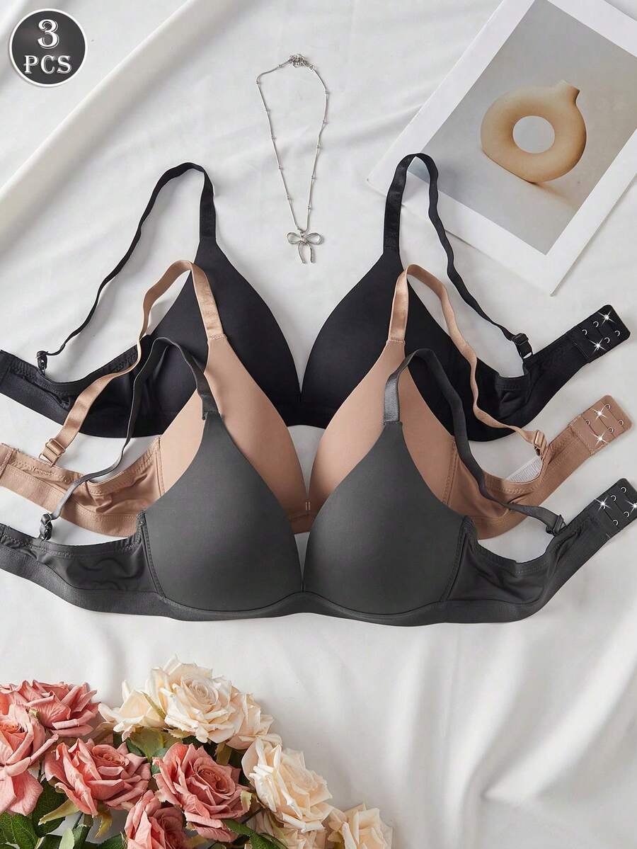 3-Piece Solid Color V-Neck Soft Wireless Bras For Women - 多色 5 - 查看 1