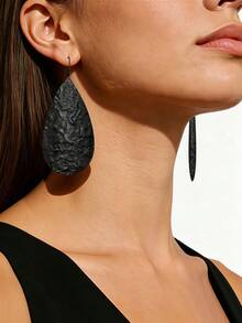 1 Pair Women's Fashion Minimalist Versatile Oversized Geometric Round Mesh Metal Texture Pendant Earrings - Black Water Droplets - View 3