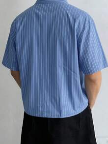 男士轻薄休闲宽松条纹短袖衬衫，春夏款 - 霧霾藍 - 查看 2