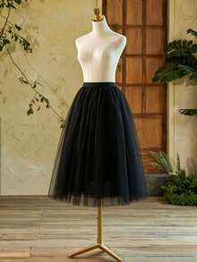 1pc Women's Mid-Length White Multi-Layer Tulle Skirt, Bridal Petticoat, Suitable For Cosplay, Prom, Evening Dress, Other Occasions. Vintage Minimalist Fashion Long Dress - Black - View 6