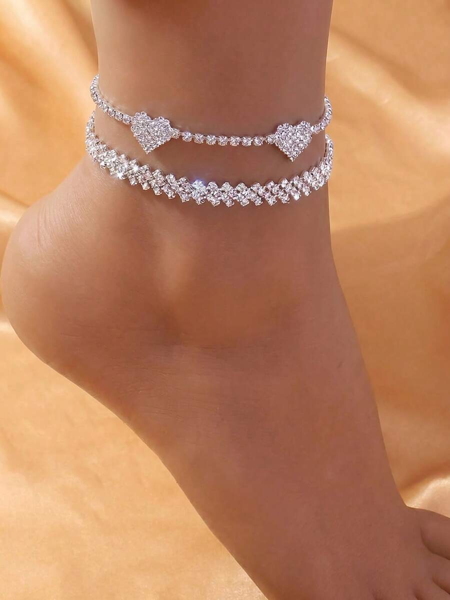 2 piezas Tobilleras de moda con forma de corazón personalizadas asimétricas con diamantes de imitación en forma de rombo - Plateado - Ver 1