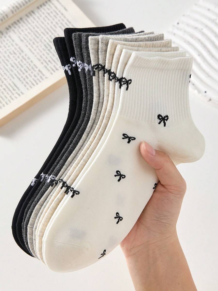 5 Pairs Elegant Women's Ribbed Short Socks With Cherry Pattern, Protective Comfortable Breathable, Suitable For All Seasons, Suitable For Sports And Leisure - Multicolor - View 1
