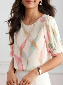 Fashionable Printed Chiffon Blouse, Round Neck Puff Sleeve Loose Style, Breathable And Versatile Summer Wear For Women Vacation - Multicolor - View 5