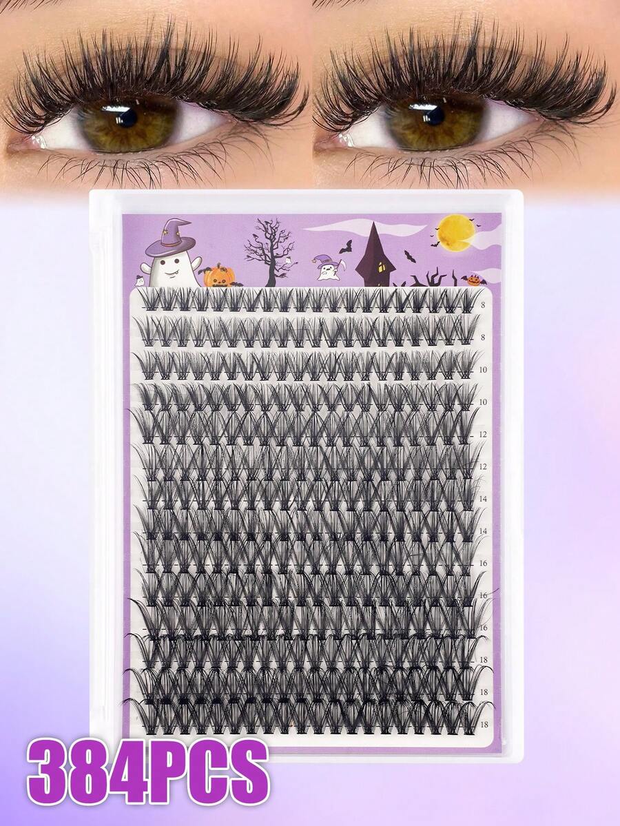 384 piezas Pestañas postizas con rizo D, Kit DIY de extensión de pestañas, Juego de extensiones de pestañas postizas negras gruesas extra largas, Juego de pestañas postizas negras para maquillaje diario, Kit DIY para el hogar de pestañas individuales mixtas de 8-18mm
