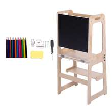 Wooden Kitchen Stool With Learning Tower Rail For Toddlers, Helper With Chalkboard - Khaki - View 10