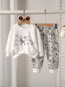 2pcs/Set Autumn Baby Boy Newborn Animal Print Long Sleeve Sweatshirt & Letter All-Over Print Long Pants Set, Bear Zebra Tiger Cartoon All-Over Print Pattern, Slightly Elastic, Suitable For Baby Newborn Daily Wear, Great Gift - White - View 1
