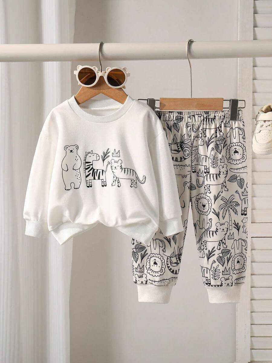 2pcs/Set Autumn Baby Boy Newborn Animal Print Long Sleeve Sweatshirt & Letter All-Over Print Long Pants Set, Bear Zebra Tiger Cartoon All-Over Print Pattern, Slightly Elastic, Suitable For Baby Newborn Daily Wear, Great Gift - White - View 1