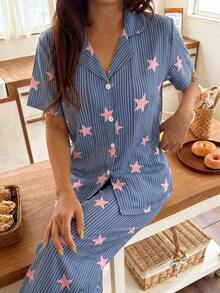 Bonmuse Plus Size Modest Premium Soft Star Striped Print 2 Piece Pajama Set For Women, Collared Button Front Long Sleeve Top & Full Length Pants Breathable Da - Blue - View 3
