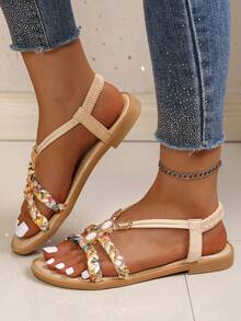 Beaded Flat Solid Color Flat Sandals - Apricot - View 6