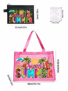網格托特包套組，印有彩色「Sweet Summer」與遮陽扇、飲料、太陽、椰子樹圖案，網格化妝包，沙灘手提包，休閒度假包，可折疊大容量游泳沙灘包，化妝品收納包，夏季必備，適合學校、度假、假期和返校使用，送給朋友和老師的禮物，理想的返校季禮物 - 彩色 - 查看 12