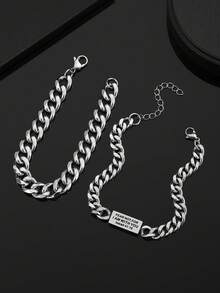 2 piezas/Set Colgante de Cruz Cuadrada de Acero Inoxidable con Grabado en la Parte Posterior, Conjunto de Pulsera de Cadena Plana Cepillada Exquisita para Hombres - Plateado - Ver 2