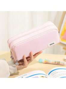 Large Capacity 3-Compartment Pencil Case Stationery Storage Bag, Suitable For Students, Teen Girls, Boys, Men And Women,Back To School - Pink - View 6
