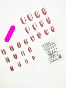 Transformez vos ongles, 24 pièces/Set Ongles faux couvrants de longueur moyenne-longue, forme ovale, élégants et doux, 3D Lune & Étoile, paillettes, rose rêveur effet œil de chat, avec 1 pièce colle gelée et 1 pièce lime à ongles, ajoutez une touche de romantisme et paraissez douce! Convient pour le port quotidien des filles et des femmes, les fêtes, les festivals de musique, le thé de l'après-midi, l'art des ongles - Multicolore - Voir 4