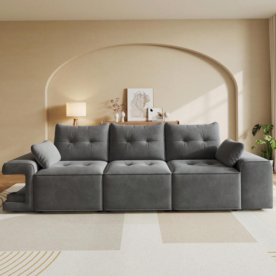 Modern 3-Seater Modular Sofa With Wide Armrests, Cloud Model, With Integrated Storage, Upholstered Pet Area And Two Cushions. Ideal For Living Rooms And Apartments. Gray Color. - 灰色 - 查看 1