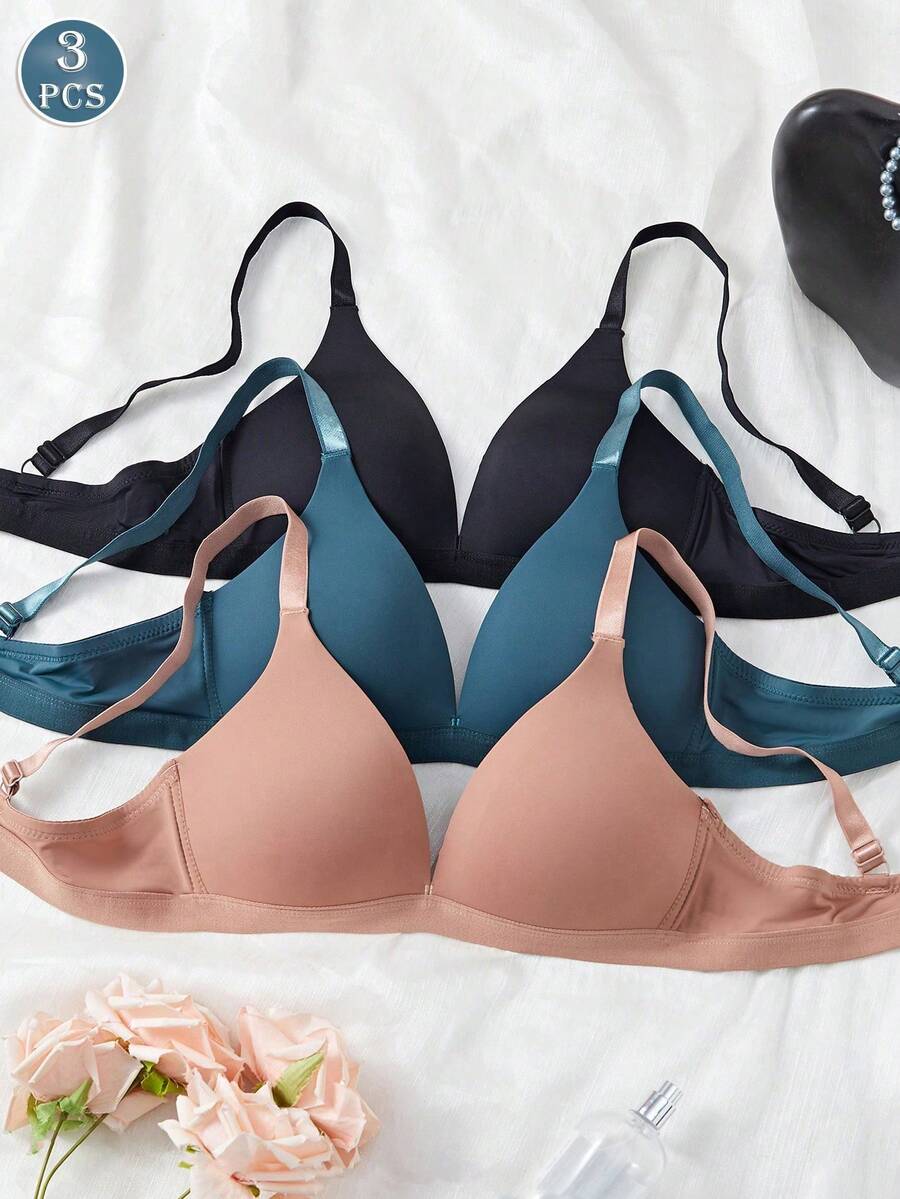 3 piezas Sujetadores de unicolor con cuello en V, sin aros, suaves para mujeres - Multicolor 2 - Ver 1