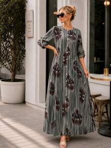 Plus Size Printed Maxi Dress for Women Long Sleeve Button Down Bohemian Casual Dress with Pockets - 米色 - 查看 8