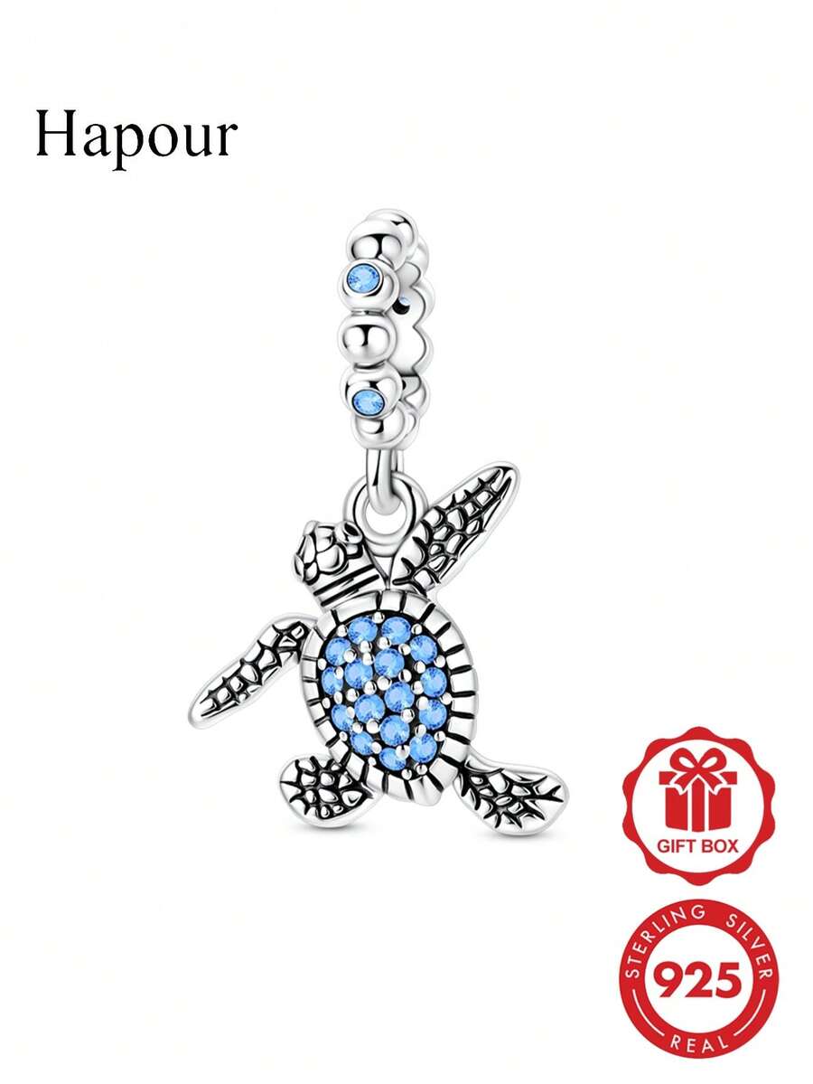 原裝 925 純銀藍色海龜塗鴉珠吊墜,鑲嵌藍色立方鋯石,女款珠寶禮物,適用於手鍊與項鍊 DIY - 銀色 - 查看 1