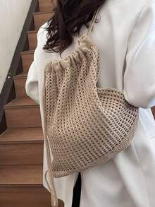 Fashionable Bohemian Crochet Backpack, Women's Woven Beach Tote Bag, Large Capacity Drawstring Bucket Bag, Foldable Women's Backpack - Multicolor - View 1