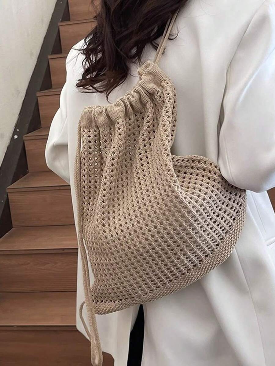 Fashionable Bohemian Crochet Backpack, Women's Woven Beach Tote Bag, Large Capacity Drawstring Bucket Bag, Foldable Women's Backpack - Multicolor - View 1