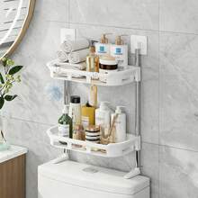 Over The Toilet Storage Shelf 2-Tier No-Drill Bathroom Organizer Space-Saving Wall Mounted Toilet Tank Caddy Rack For Toiletries & Accessories - White - View 1