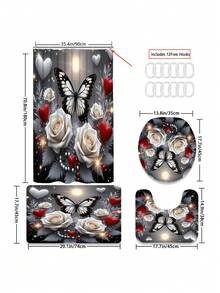 1/3/4pcs Aesthetic Butterfly Rose Decor Shower Curtain Bathroom Set, Luxury Elegant Waterproof Durable Bathroom Decor & Accessories, Includes 12 Hooks - Toilet Lid Cover, Bath Mat And Rug, Polyester Fabric - Washable - Suitable For Holiday Decor, Home/Bedroom/Residence/Western/Summer Decor - Gold Gray - View 19