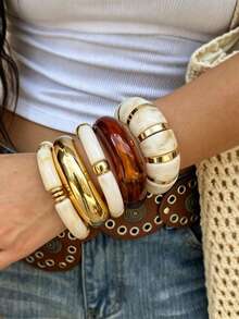 Set de 5 pulseras de mujer estilo bohemio vintage de acrílico CCB y bambú, diseño patchwork con textura de juntas de bambú, fresco y casual, apto para uso diario, citas, vacaciones, sesiones de fotos y fiestas, set de accesorios de moda - Multicolor - Ver 1