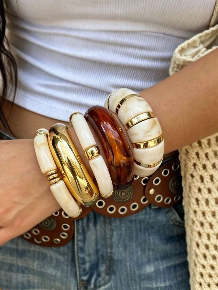 Set de 5 pulseras de mujer estilo bohemio vintage de acrílico CCB y bambú, diseño patchwork con textura de juntas de bambú, fresco y casual, apto para uso diario, citas, vacaciones, sesiones de fotos y fiestas, set de accesorios de moda - Multicolor - Ver 1