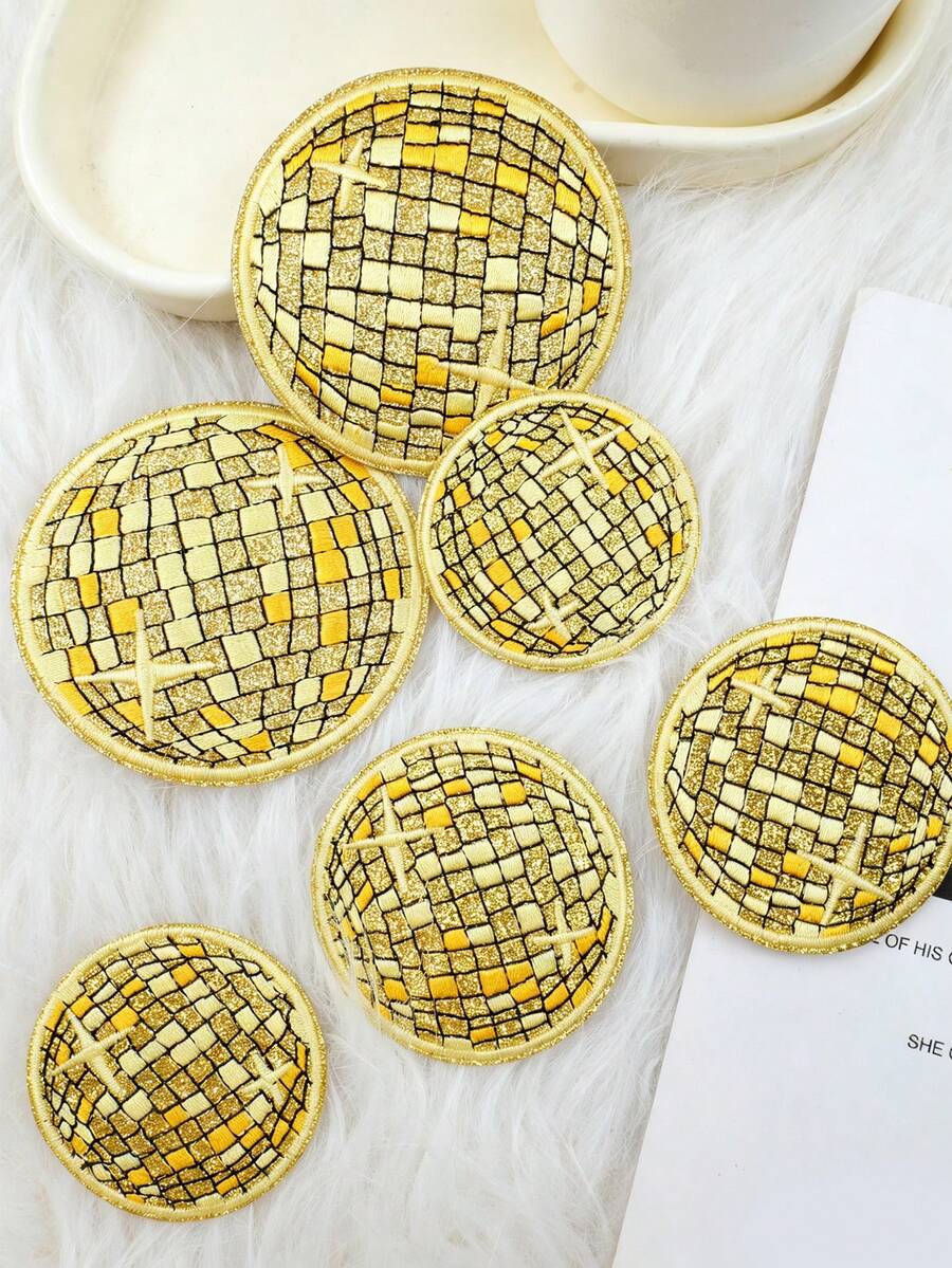 6入金色迪斯可球貼布繡花貼,亮面派對球圖案刺繡燙貼貼布,卡通風格DIY手工藝,適用於衣服、鞋子、帽子、包包等 - 金色 - 查看 1