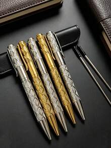 3pcs 3D Rhombus Pattern Metal Pens, (1 Pen + 2 Refills), Gold And Silver Colors Available, With 0.7mm Black Ink Refills, Twist-Out Mechanism, Suitable For Daily Office Recording, Business Signing, Student Classroom Notes, And As Gifts For Souvenirs, Back To School, Graduation, Etc. - Metal Pen - View 2