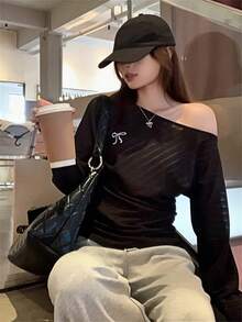 街頭風聖誕春夏女款性感不對稱單肩條紋蝴蝶結長袖開衩修身針織上衣 黑色 - 黑色 - 查看 6