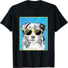 Australian Shepherd Portrait Pop Art Aussie Dog Sunglasses T-Shirt For Men Women Kids - Black - View 11