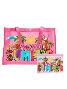 網格托特包套組，印有彩色「Sweet Summer」與遮陽扇、飲料、太陽、椰子樹圖案，網格化妝包，沙灘手提包，休閒度假包，可折疊大容量游泳沙灘包，化妝品收納包，夏季必備，適合學校、度假、假期和返校使用，送給朋友和老師的禮物，理想的返校季禮物 - 彩色 - 查看 17
