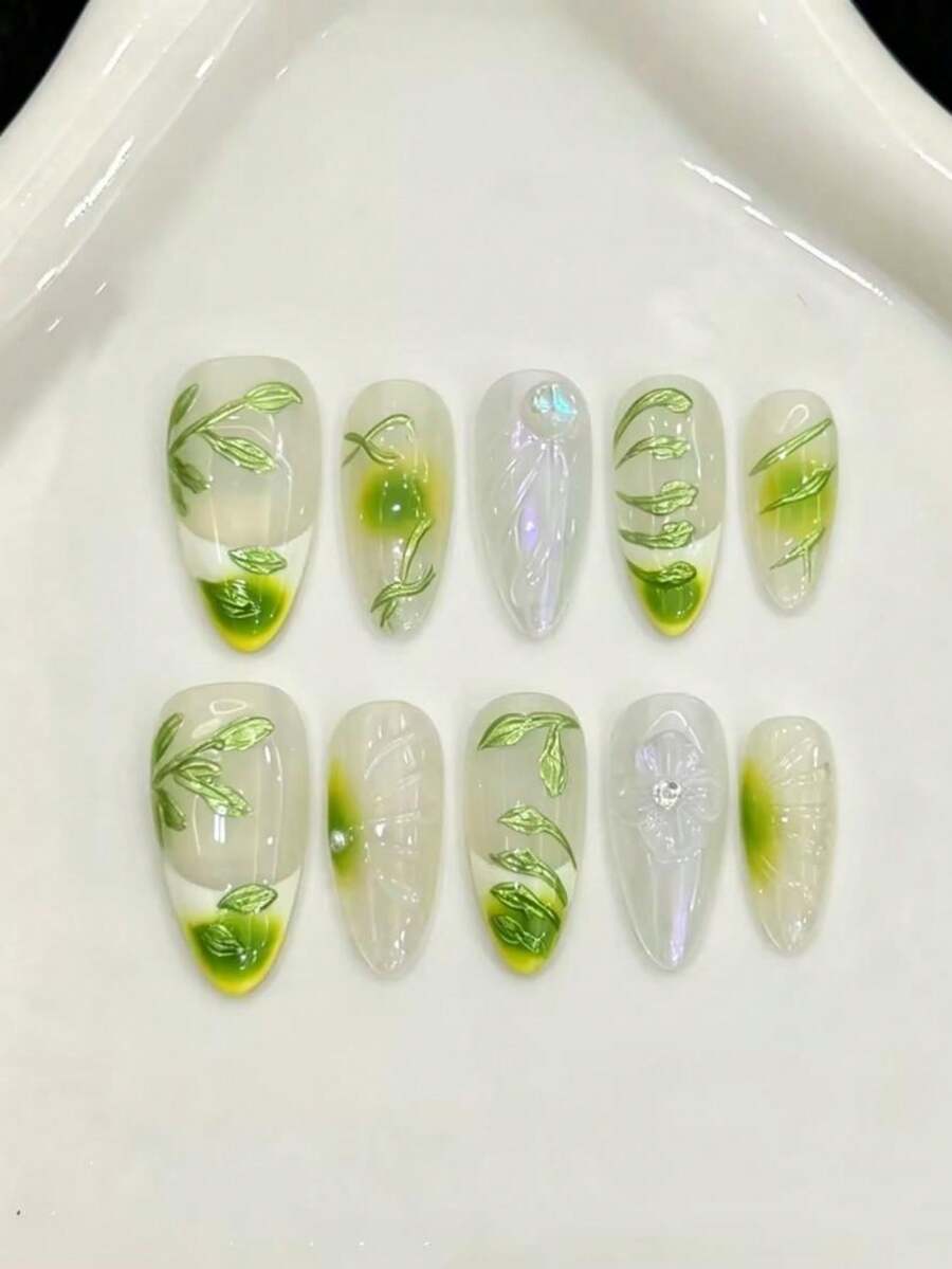 10PCS Almond Handmade Press On Nails For Party And Daily Wear,Green Nail,Green French Glass Bead Cat Eye Handmade Reusable Press On Nails,Forest Elf,Easy To Wear,Summer Nail,Shining Bright,Suitable For Girls And Women Festivals Parties And Daily Wear