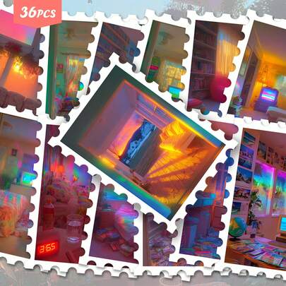 Pack de 36 autocolantes holográficos arco-íris glitch para quarto | Gráficos estéticos Y2K Vaporwave retro para cena de interior de quarto | Vinil para journaling e scrapbooking