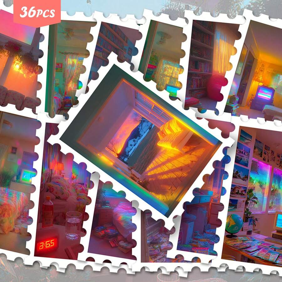 36pcs Holographic Rainbow Glitch Room Stickers Pack | Aesthetic Y2K Vaporwave Retro Bedroom Interior Scene Graphics | Vinyl For Journaling & Scrapbooking - Rectangle - View 1