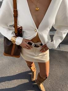 Women's Elegant White Knit Cardigan, Gold Buttons, V-Neck Long Sleeve, Perfect Spring Outfit, Short Design - White - View 2