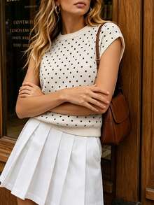 Yuwenier Top en tricot sans manches à pois blanc et noir, col ras-du-cou, manches courtes, coupe slim, style vintage français décontracté, gilet pull pour tenues quotidiennes d'été - Blanc - Voir 2