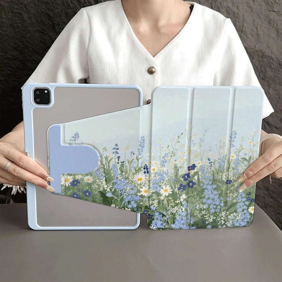 清新藍色雛菊印花平板保護殼,附筆槽,適用於 iPad 11 (A16 2025),自動睡眠/喚醒功能,兼容小米 5/5PRO/6/6PRO/7/7PRO、華為 MatePad、榮耀 Pad - 彩色 - 查看 1