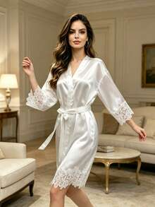 Custom Name Embroidery Satin Kimono Robe Personalized Name Bridesmaid Bride Wedding Getting Ready Morning Robe Lace Patchwork Robe Bridal Party Gift - Multicolor - View 6