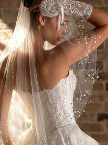 Double Layer Faux Crystal Bead Chain Design Bridal Veil, Can Cover Face, Wedding Dress Accessory, Comes With Hair Comb - Multicolor - View 4